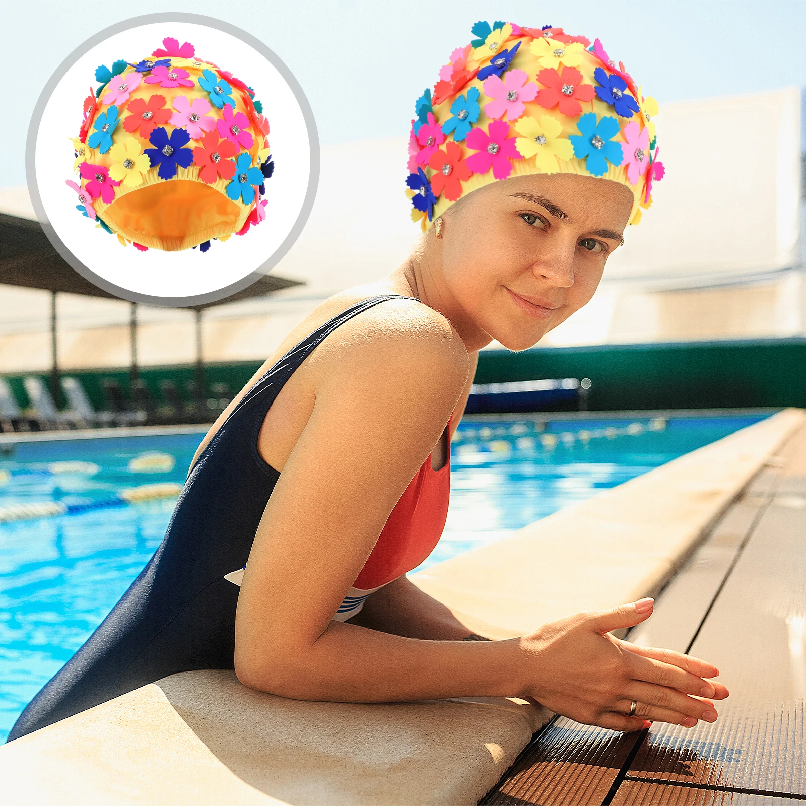 

1 Pc Attractive Vintage Flower Swimming Cap Women Petal Bathing Hat Rhinestone Floral Design NonSlip Nylon Shower Cap