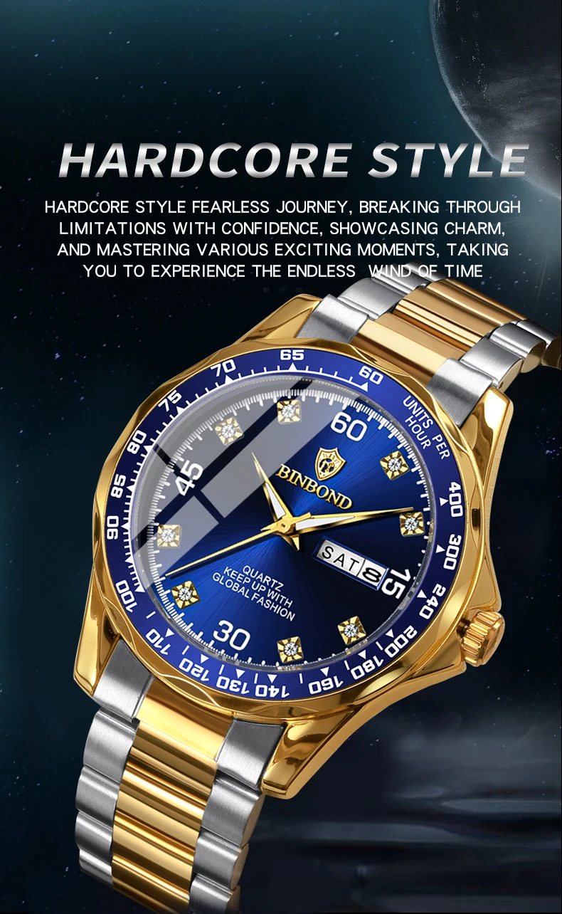 BINBOND B503 ساعات يد كوارتز مقاومة للماء للرجال، ساعات عمل بحزام من الفولاذ المقاوم للصدأ للرجال، ساعة عرض أسبوع التقويم