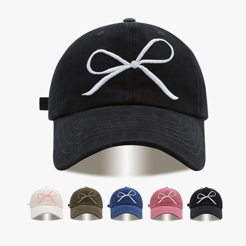 

Korean Bow Baseball Cap Women Pink Bows Embroidered Snapback Hat Summer Adjustable Soft Top Peaked Caps Gorras 야구모자 For Women