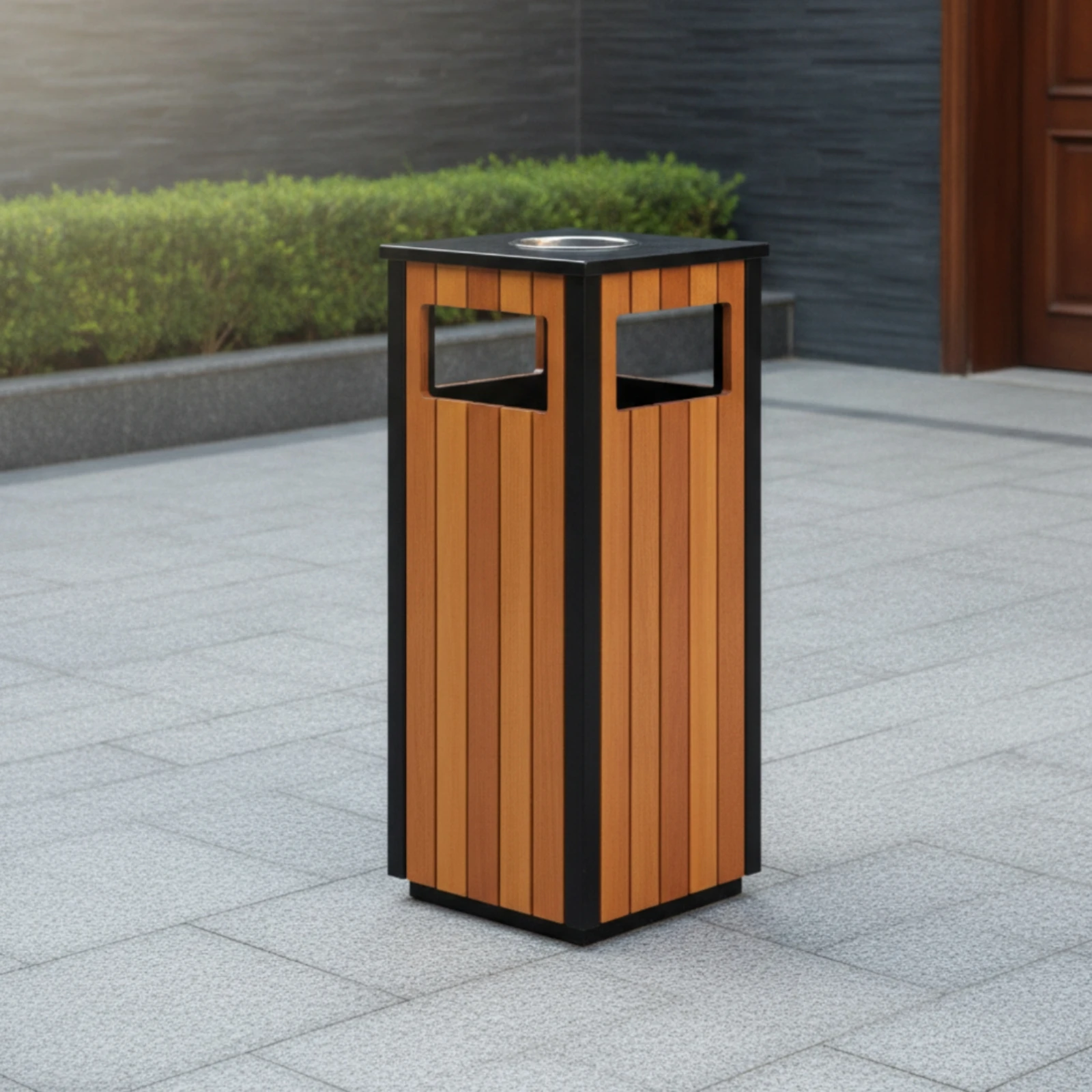 Slat Waste Bin with Inner Liner Steel Square Metal Frame Trash Can Outdoor Trash Bin Rigid Waste Receptacle Organizer Secure Fit