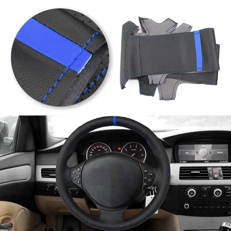 Black-blue line with blue strip Car Steering Wheel Leather Cover Trim For BMW M Sport E36 1996-2000 E39 1995-2001 Z3 M E36/7 E36