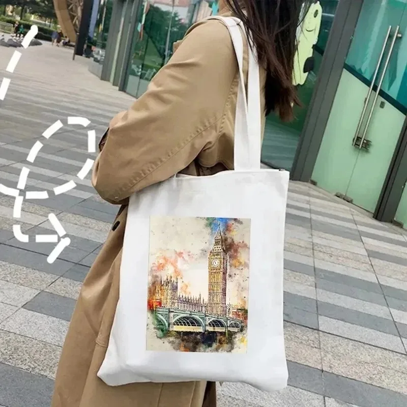 London Madrid Cairo Shoulder Bag Budapest Venice Sydney Watercolor Women's Canvas Handbag Environmental Shopping Bag