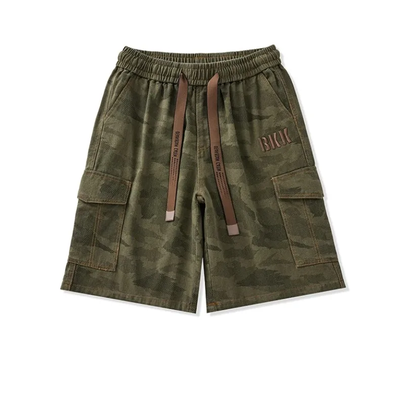 Men\'s Workwear Casual Letter Embroidered Elastic Pockets High Waisted Camouflage Geometric Loose Trousers Summer Vintage Shorts