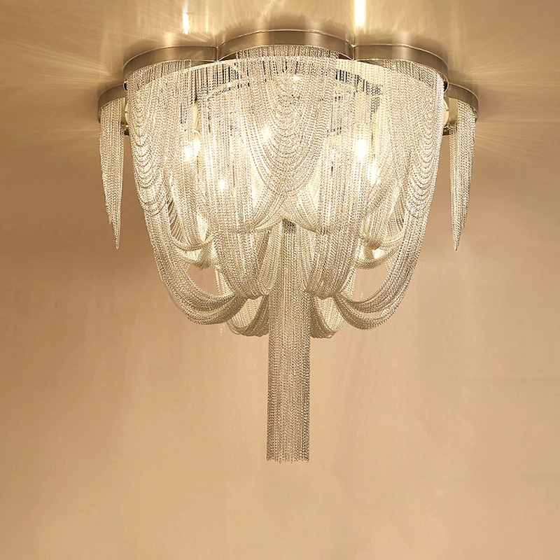 Exquisite Ceiling Light Chain Pendant Light Ceiling Aluminum Chain Led Lighting Circular Chrome Living Room Chrome Gloss Light