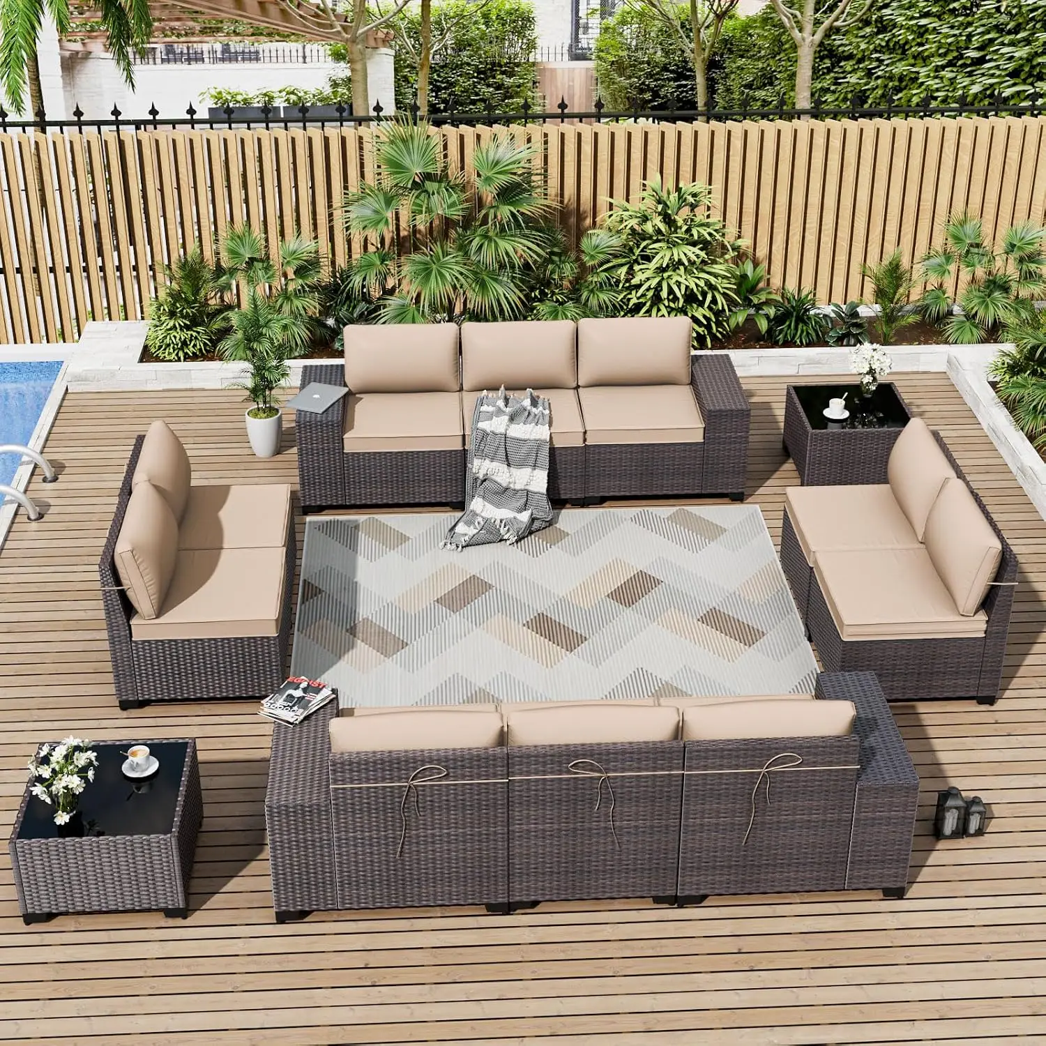 Brown  Rattan Patio Sectional Sofa Set 12 Pieces w/ 10 Seat Cushions & 2 Coffee Tables, Customized