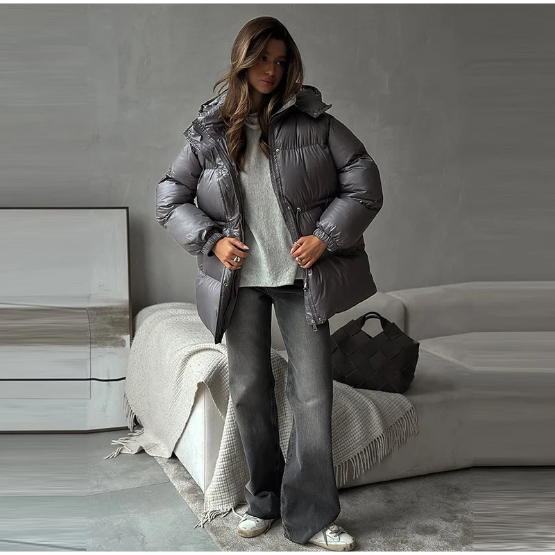 Fashion Solid Drawstring Cotton Jacket Women Chic Long Sleeve Zipper Loose Hooded Coat Winter Lady Warm Daily Street Outwear
