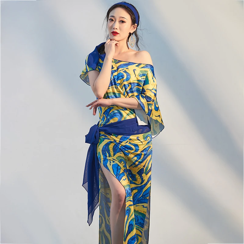 Belly Dance  Performance Costume Robe Print Folk Custom Shaabi Practice Suit Baladi Oriental Dance Performance Costume 4pcs Set