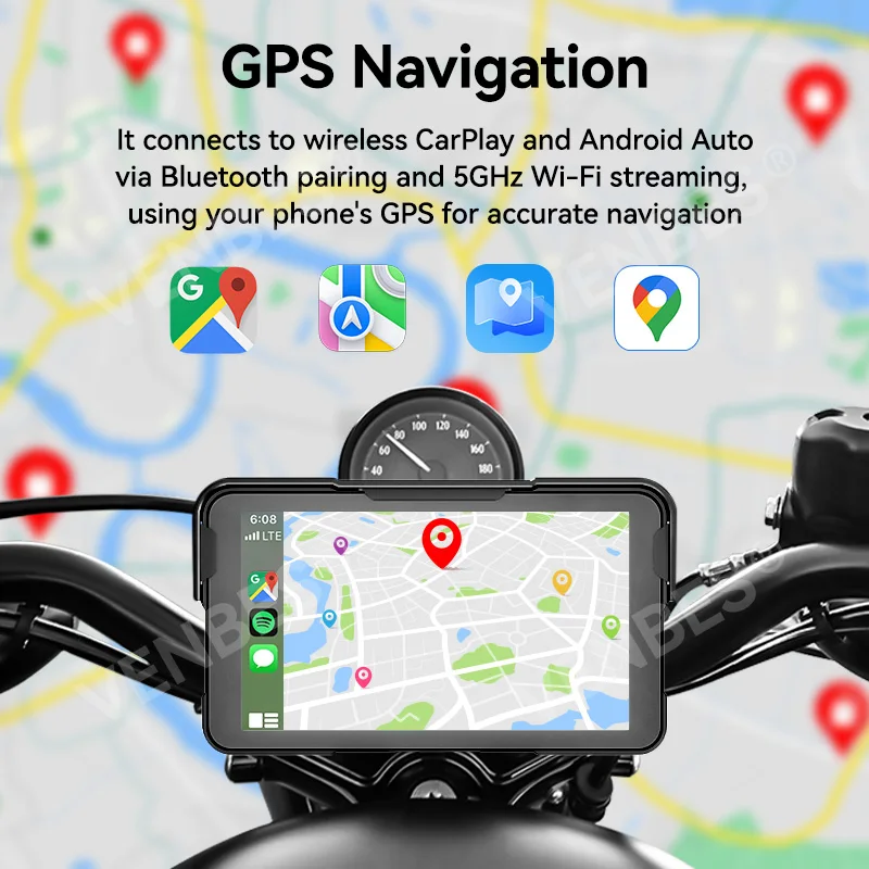 VENBES 5 بوصة دراجة نارية الملاحة اللاسلكية CarPlay Android Auto IPX7 شاشة موتو مراقب المحمولة