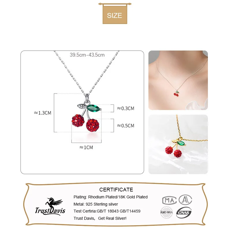 TrustDavis Real 925 Sterling Silver Fashion Sweet Fruit Cherry Pendant Short Necklace For Women Wedding Party Fine Jewelry DB975