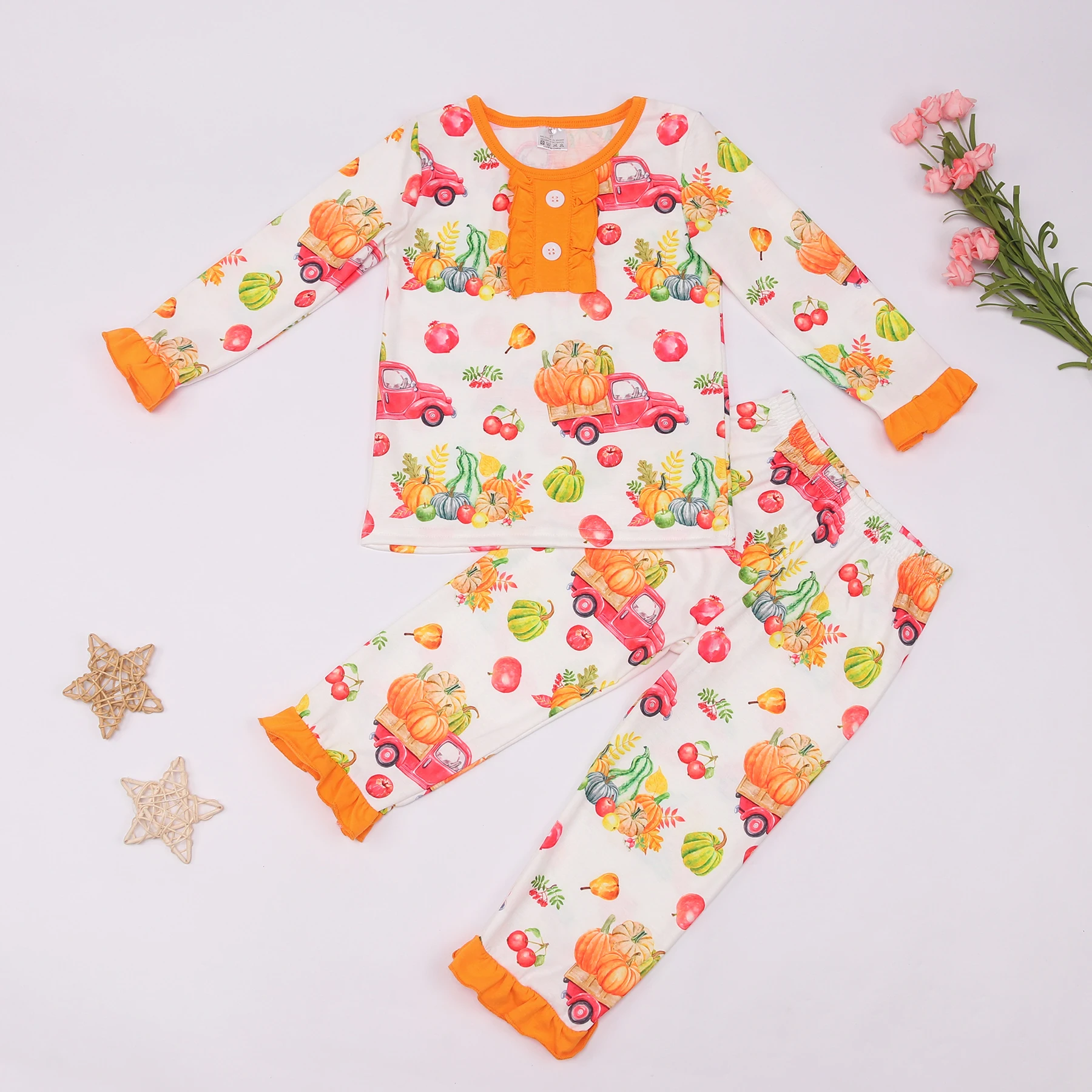 

2023 Halloween Festival Baby Girls Set Children Clothing Pajama Cotton Floral Top Shirt With Pumpkin Carriage Print Suit