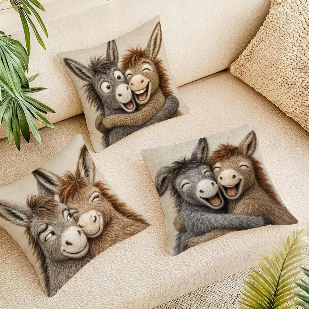 Funny Donkey Couple Cushion Cover Natural Linen Organic Fabric Double-Sided Printing Breathable For Home Decor