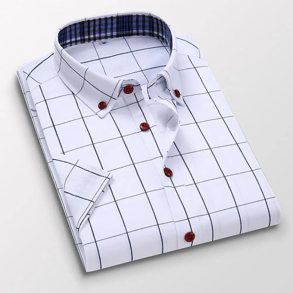 

Men Formal Shirt Stylish Machine Washable Men Business Shirt Turn-down Collar Plaid Print Men Formal Shirt Male Garment