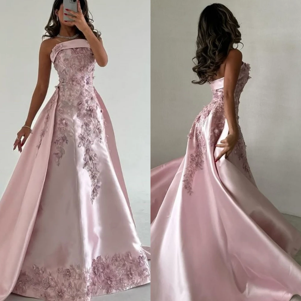 

Customized Formal Pink Satin Evening Dress Classic Strapless Sleeveless Party Dresses Delicate A-Line Appliques Celebrity Gowns