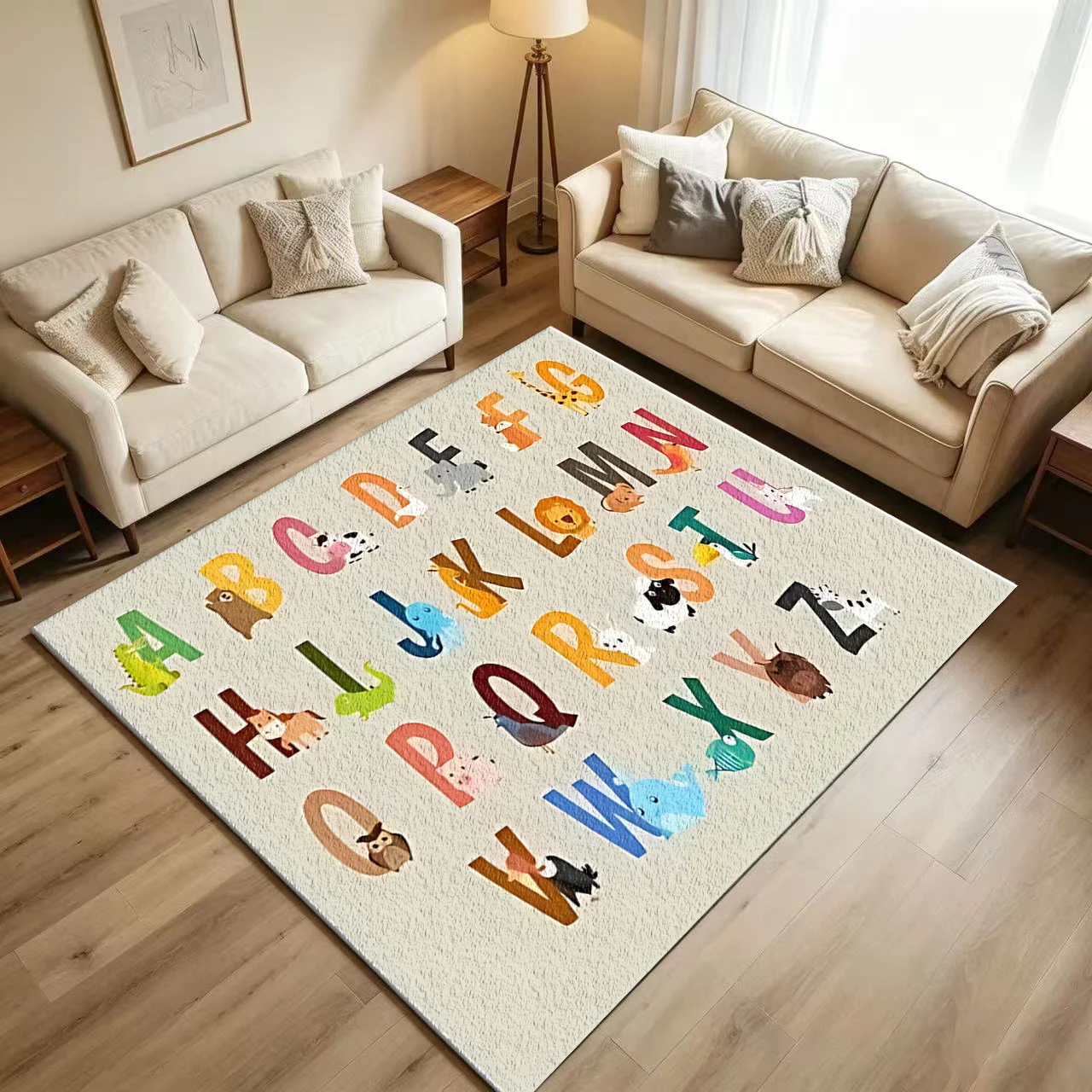 Cute Animal Alphabet Print Carpet Non-Slip Washable Floor Rug Suitable for Children's Room Bedroom Home Decoration