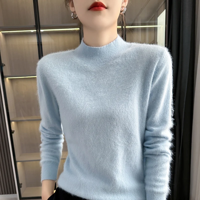 

Women's Sweater Autumn/Winter New 100% Cashmere Pullover Casual Solid Color Knitted Half High Neck Blouse Loose Foundation Tops