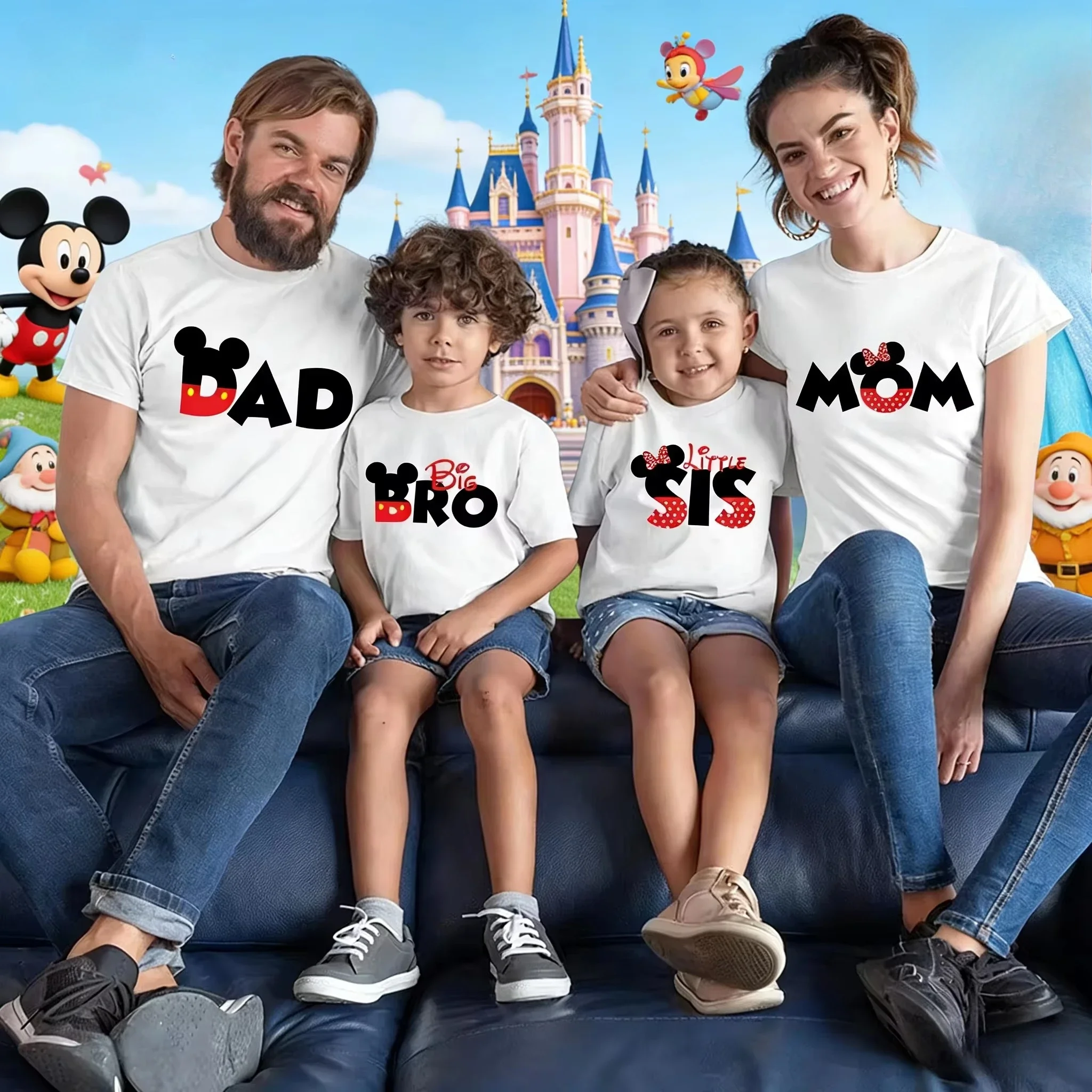 2026 Summer Family Matching Vacation T-Shirts Cartoon Letter Print DAD MOM BRO SIS Tees, Casual White Tops for Family Trip
