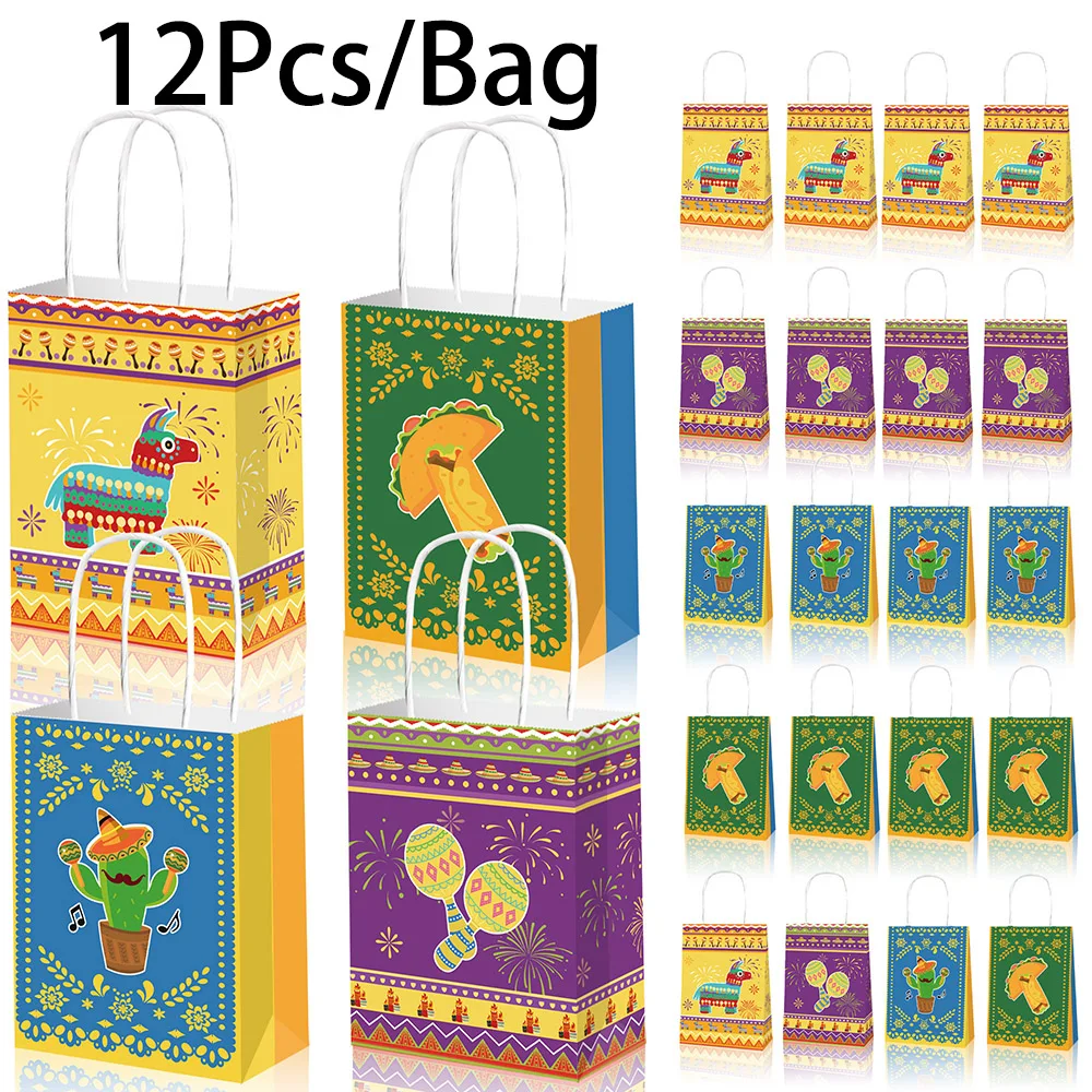 12 Uds. Bolsas De embalaje De regalo De papel con tema De Fiesta mexicana, bolsa De compras TACO Cactus Pinata para decoración De fiesta De cumpleaños De Cinco De Mayo
