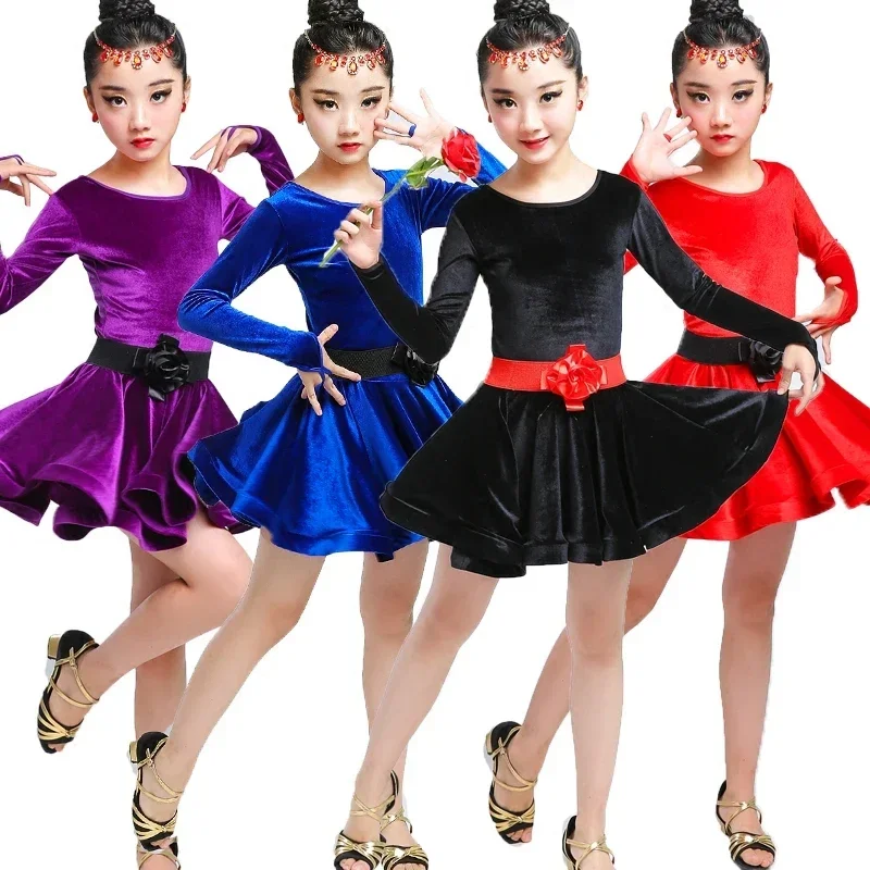 2018 New Arrival Girls Latin Dance Dress Children Long sleeve Velvet For Ballroom Cha Cha Rumba Competition Dancing Dresses