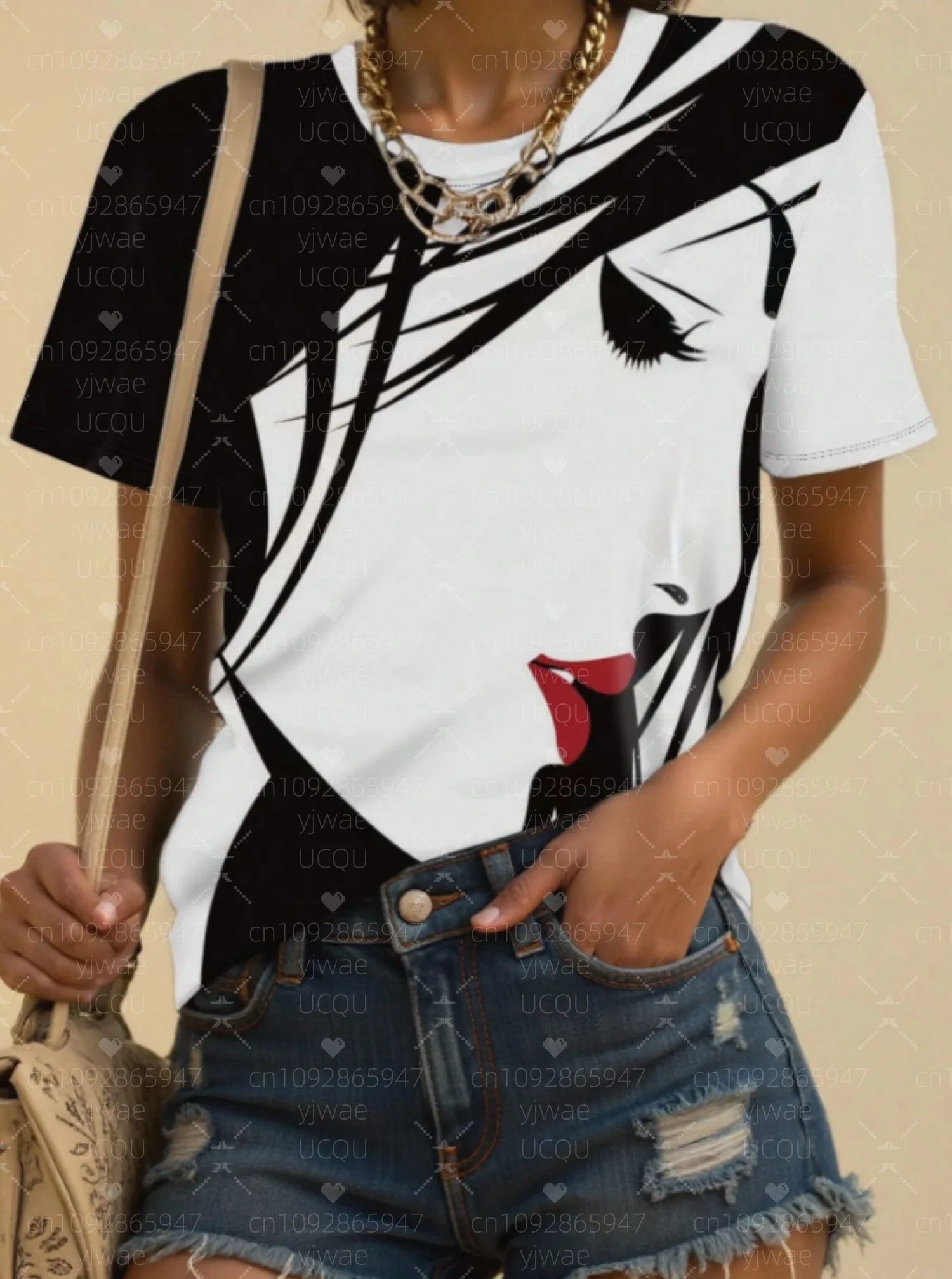 

Summer Women's T-Shirts Oversized Tops Artistic Face Graphic Loose Streetwear O-Neck Clothing Short Sleeves Ladies Shirts Tees