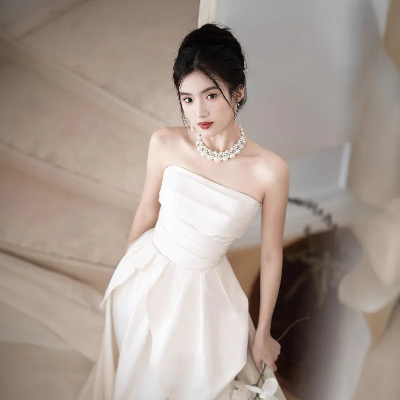 فستان زفاف فرنسي بدون حمالات، فستان زفاف خفيف وفريد للنساء، مناسب للتسجيل، أنيق، فستان أبيض طويل