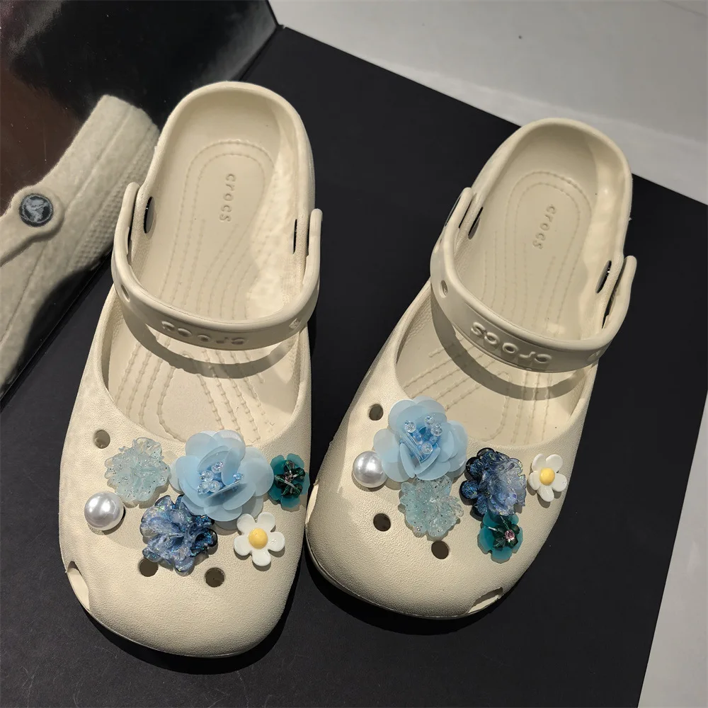 Shoe Charms Dark Blue Glitter Sequin Beaded Flower Clog Sandals Buckle Detachable DIY Decoration Premium Accessories