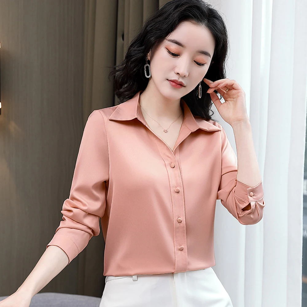 Korean Fashion Women Blouses And Shirts Elegant Long Sleeve Lapel Satin Silk Shirts Female Office Tops Blusas Mujer De Moda 2024