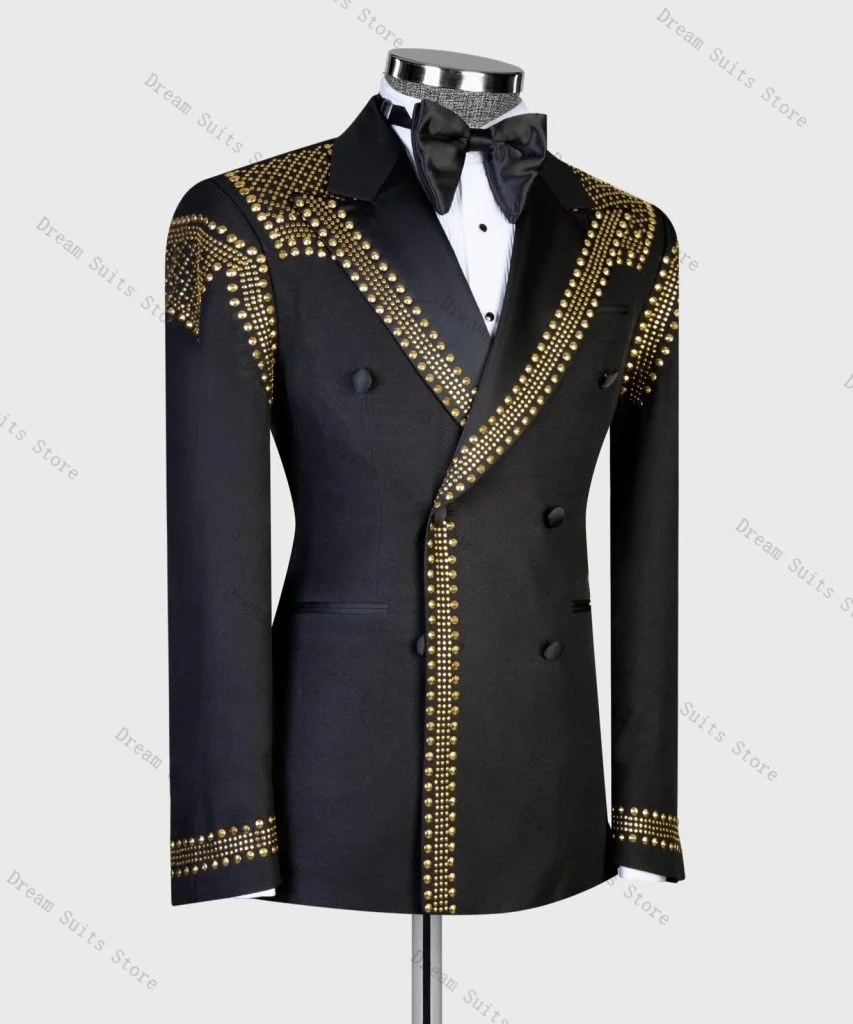 الرجال البدلة مجموعة 2 قطعة السترة + بانت بنطلون فاخر الذهبي بلورات مخصصة مكتب رسمي سترة الزفاف البدلات الرسمية معطف القطن
