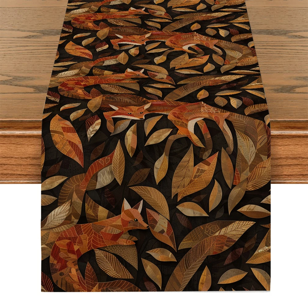 Autumn Fox Plant Table Runners Washable Dresser Dining Coffee Table Runner Wedding Holiday Party Decor