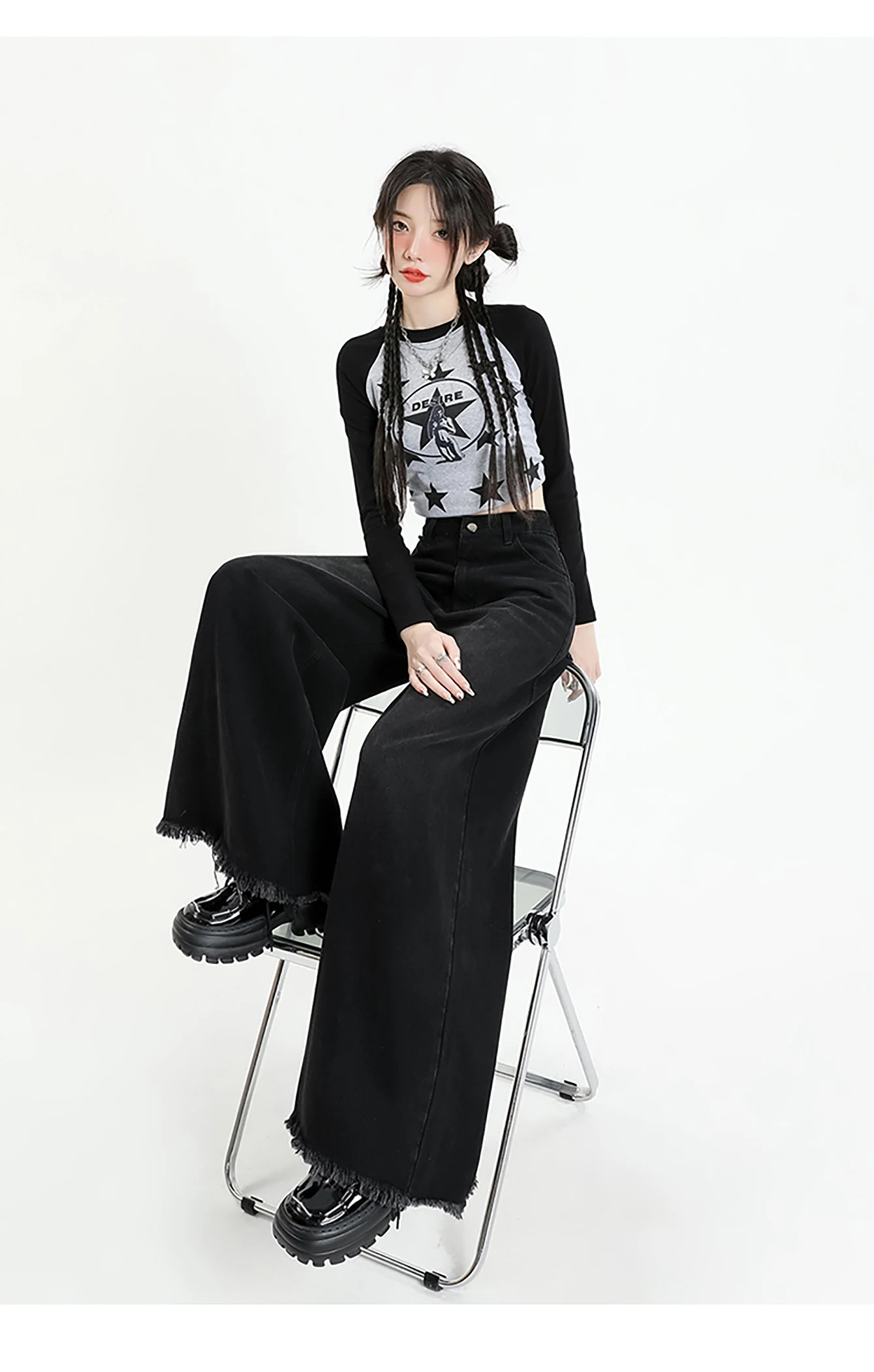 Subkultur retro tua yang sudah dicuci Celana jeans kaki lebar abu-abu hitam kaki lebar kaki gajah jeans kaki celana besar