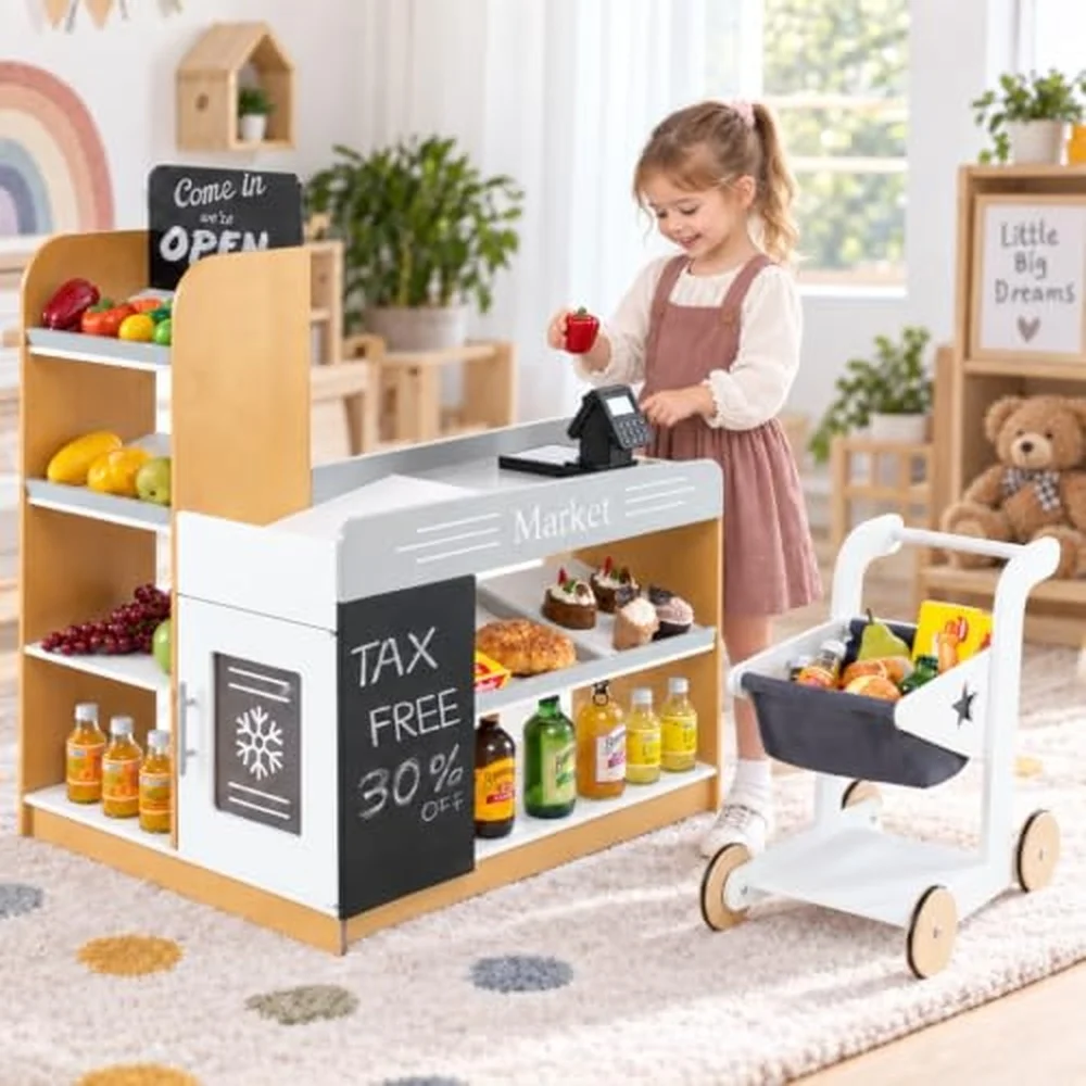 Kids Grocery Store Playset Wooden Play Store w/Shopping Cart Chalkboards Refrigerator & Display Shelves Grocery Store