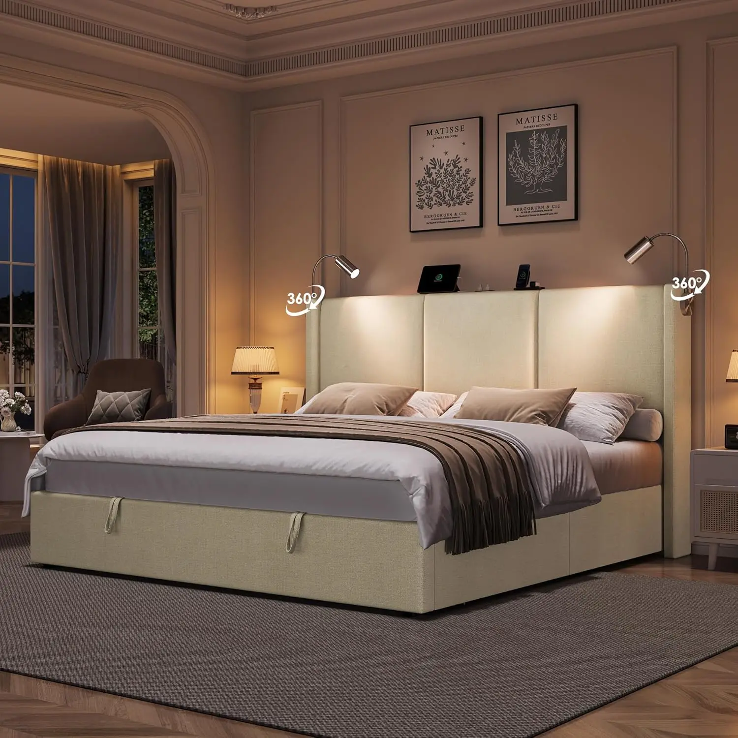 Marco de cama King Size con almacenamiento elevador y estación de carga, cama con plataforma tapizada moderna, color beige