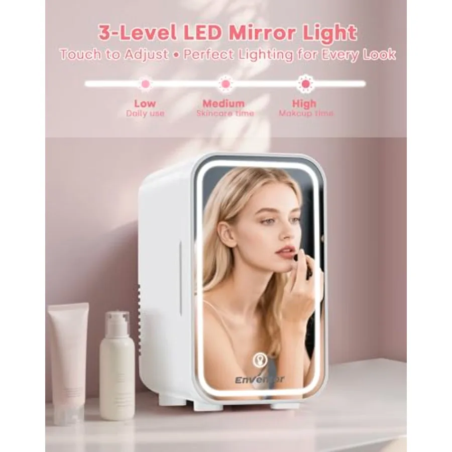 Mini Skincare Fridge for Bedroom Beauty Fridge with Dimmable LED Mirror 6L Compact Portable Cooler for College Dorm Office Car