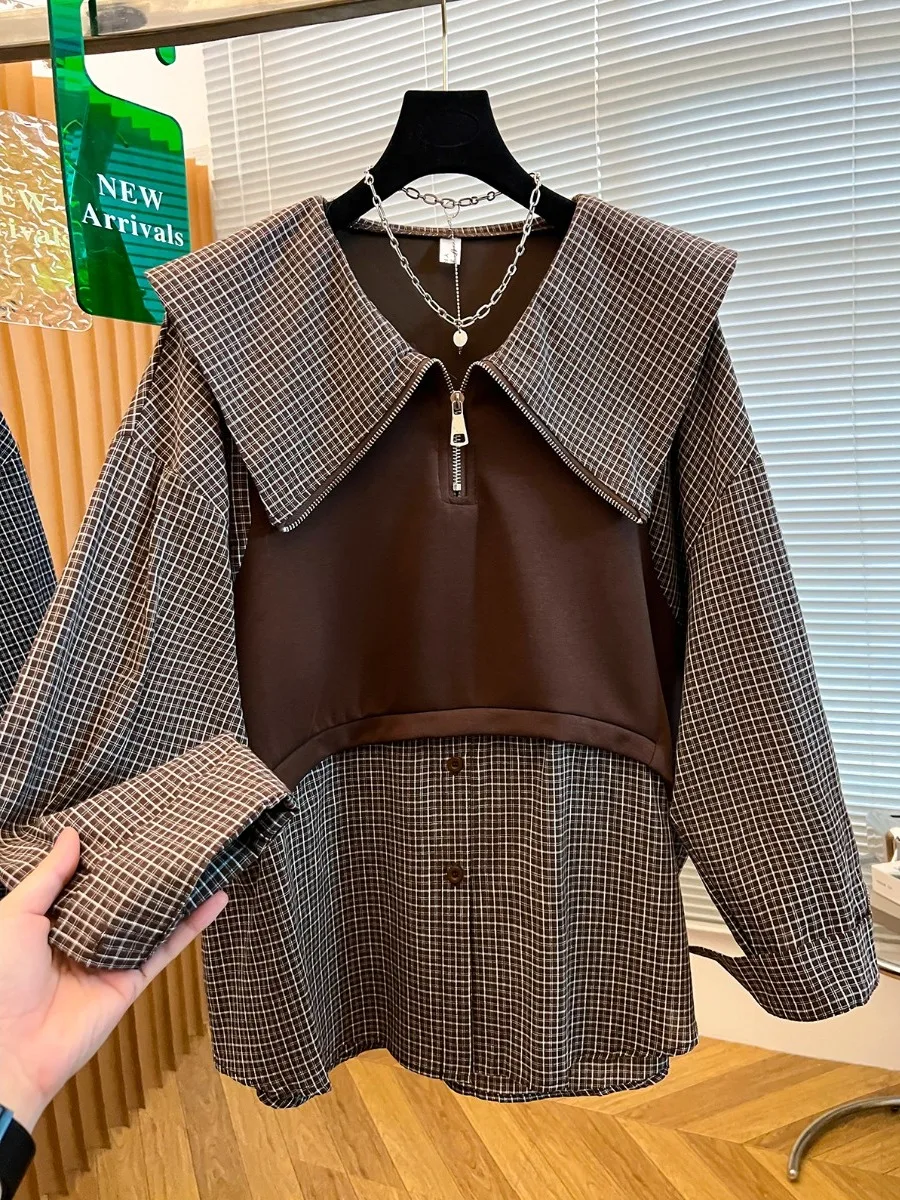 

Design Sensation Ранняя осень Плед Кукольный воротник irt Женская мода Антивозрастной искусственный двухсекционный свободный крой Длинная све Повседневная одежда