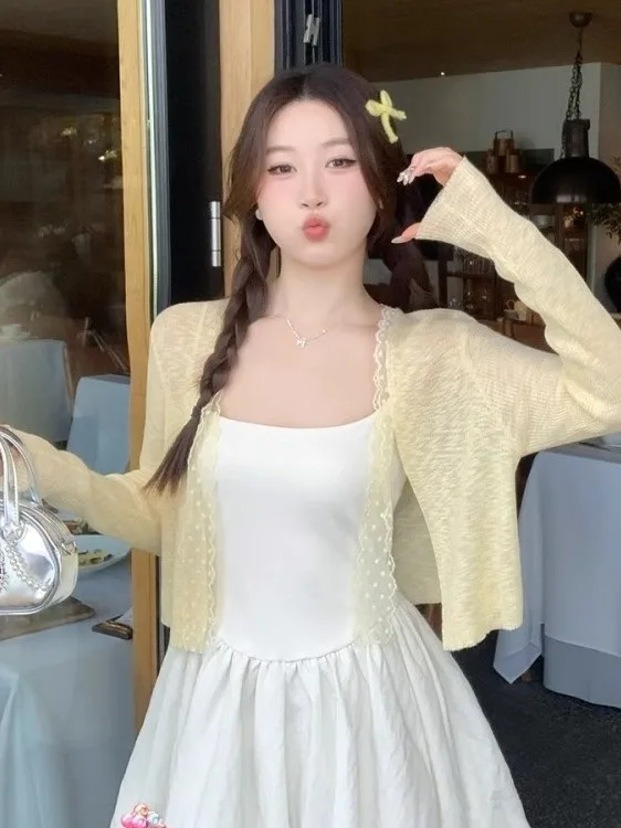 

Women's Knitted Shawl Sleeveless Outerwear Summer Thin Sun Protection Cardigan V-neck Short Length Color Casual Fashion