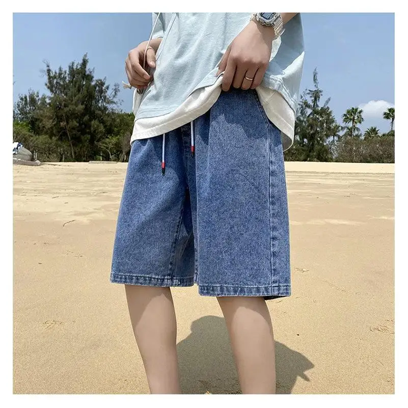 

Dstring Loose Fit Thin Denim orts Men's Summer Outerwear Casual Versatile Five-Point Pants Straight Leg Jeans