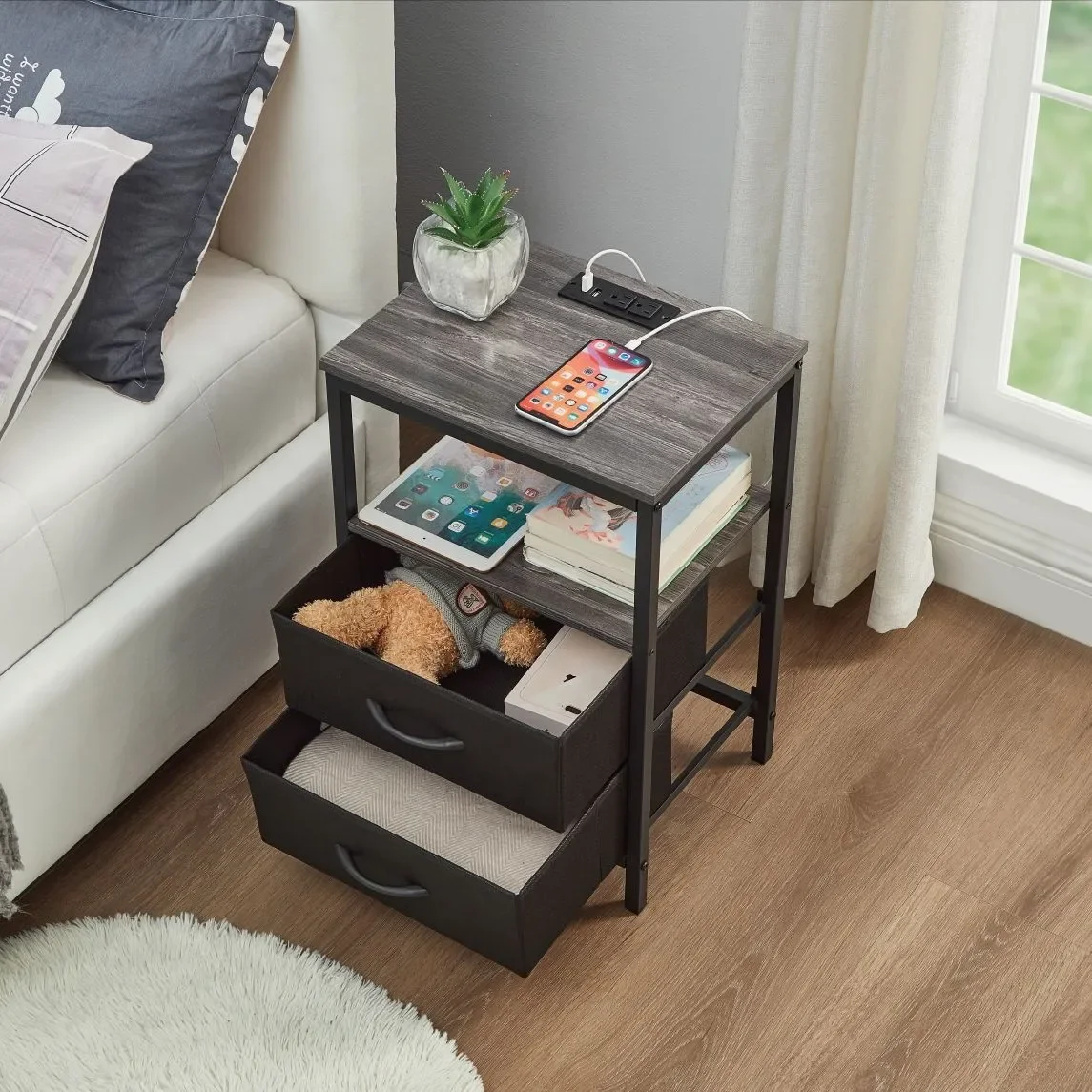 Bedside table Iron wood combined with drawer bedside table Household bedroom Bedside storage locker