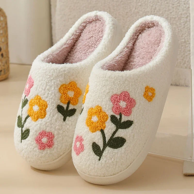 Cute Flower Embroidery Home Slippers Women Comfortable Soft Sole Non Slip Indoor Cotton Slippers Woman Winter Warm Fluffy Slides