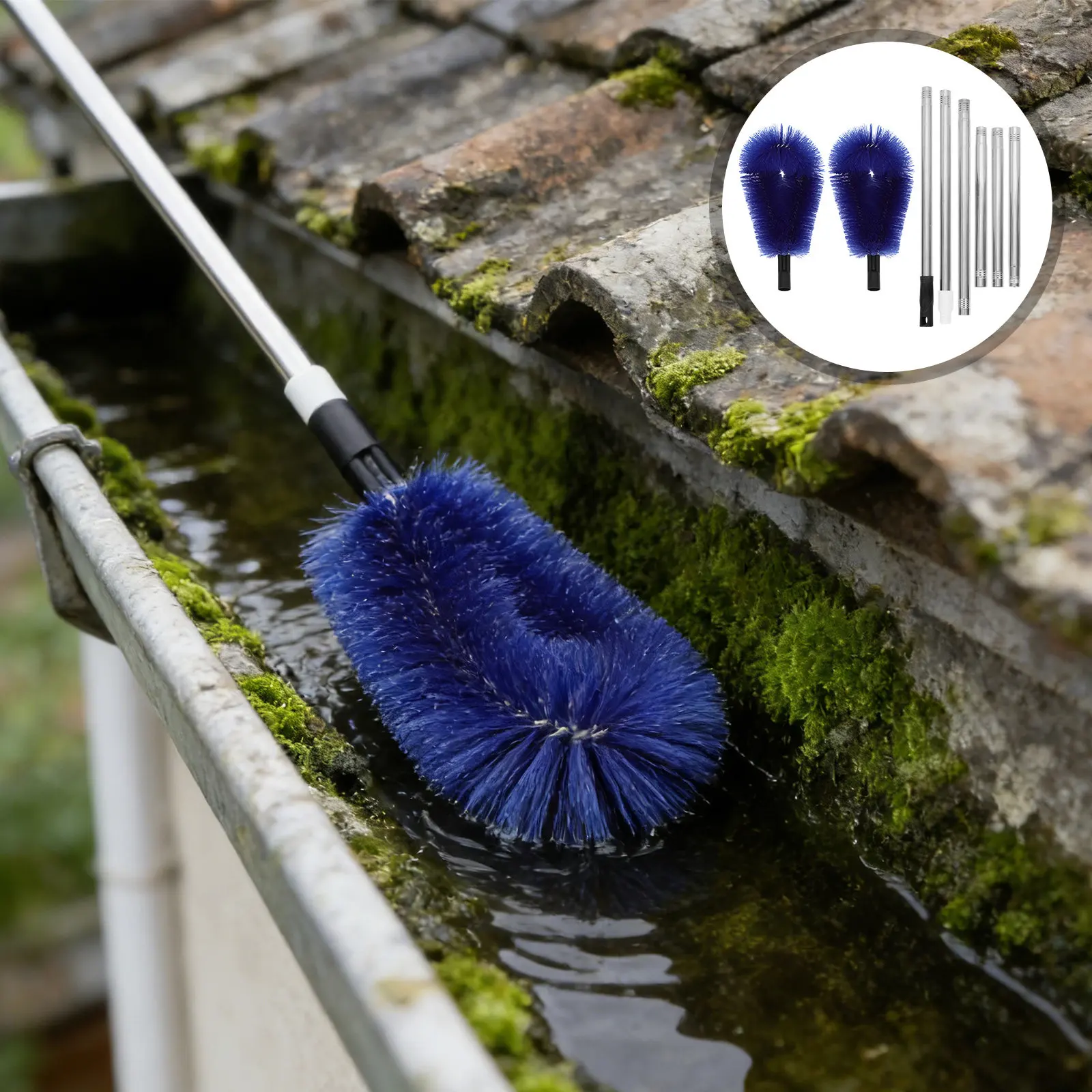 1Set Extendable Gutter Cleaning Brush Adjustable Telescoping Pole Brush Multi-Angle Roof Downspout Leaf Debris Cleaner Tool