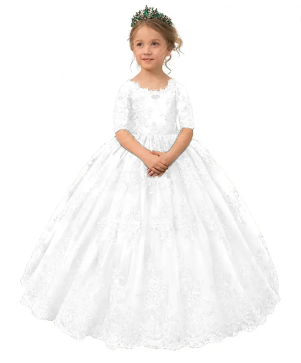 فساتين فتاة الزهور طويلة باللون الأحمر الزمردي مزينة بفيونكة تول نصف كم لحفلات الزفاف وحفلات أعياد الميلاد