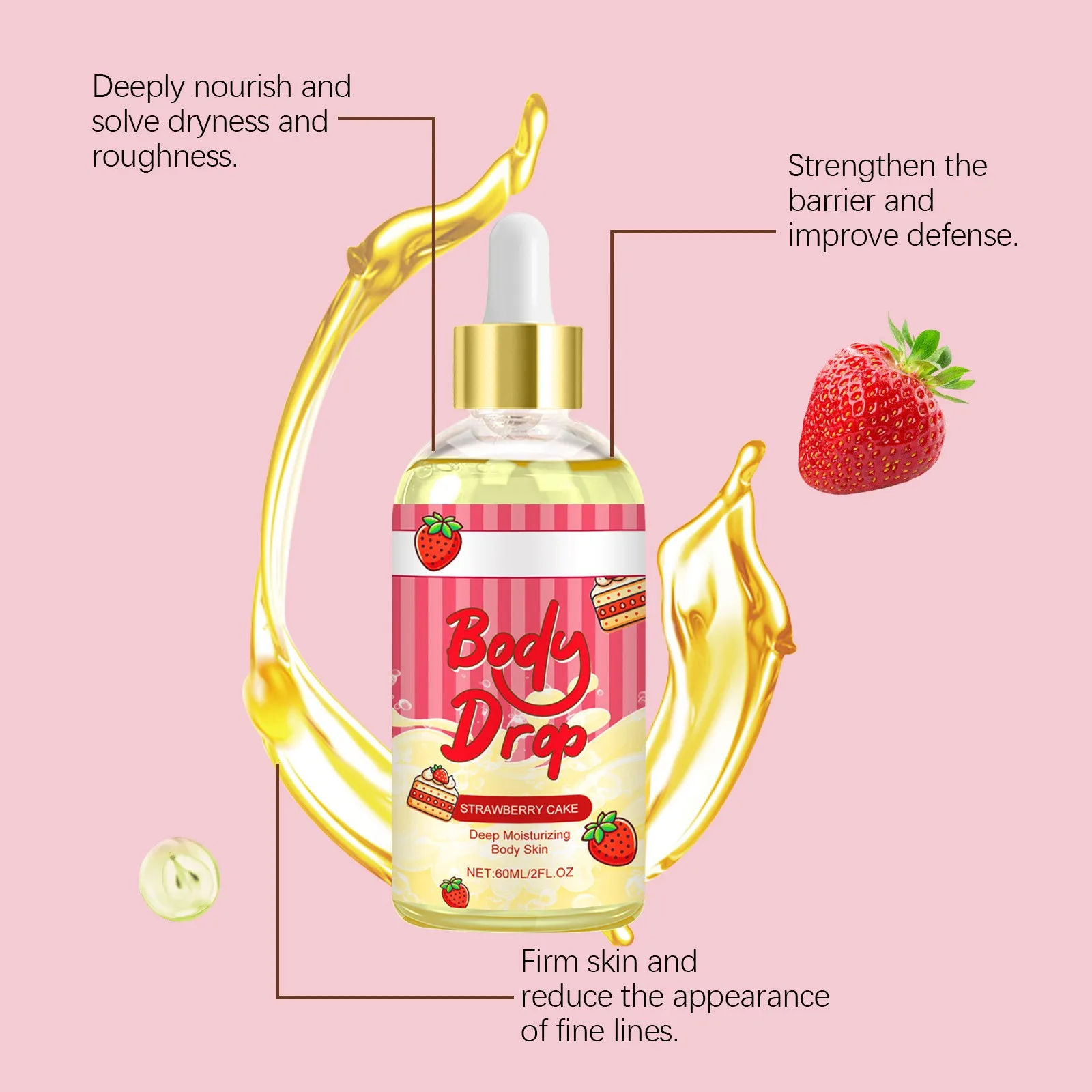 Strawberry Body Oil,Strawberry Cake Body Juice Oil ,Nourishing & Moisturizing Skin Facial Body Massage Oil 60ml