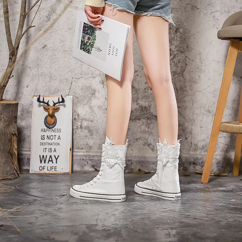 Classic High-top Canvas Shoes Women Autumn New Fringed Zipper Women Boots All-match Flat Sneakers Fashion Lace Women Shoes34-43