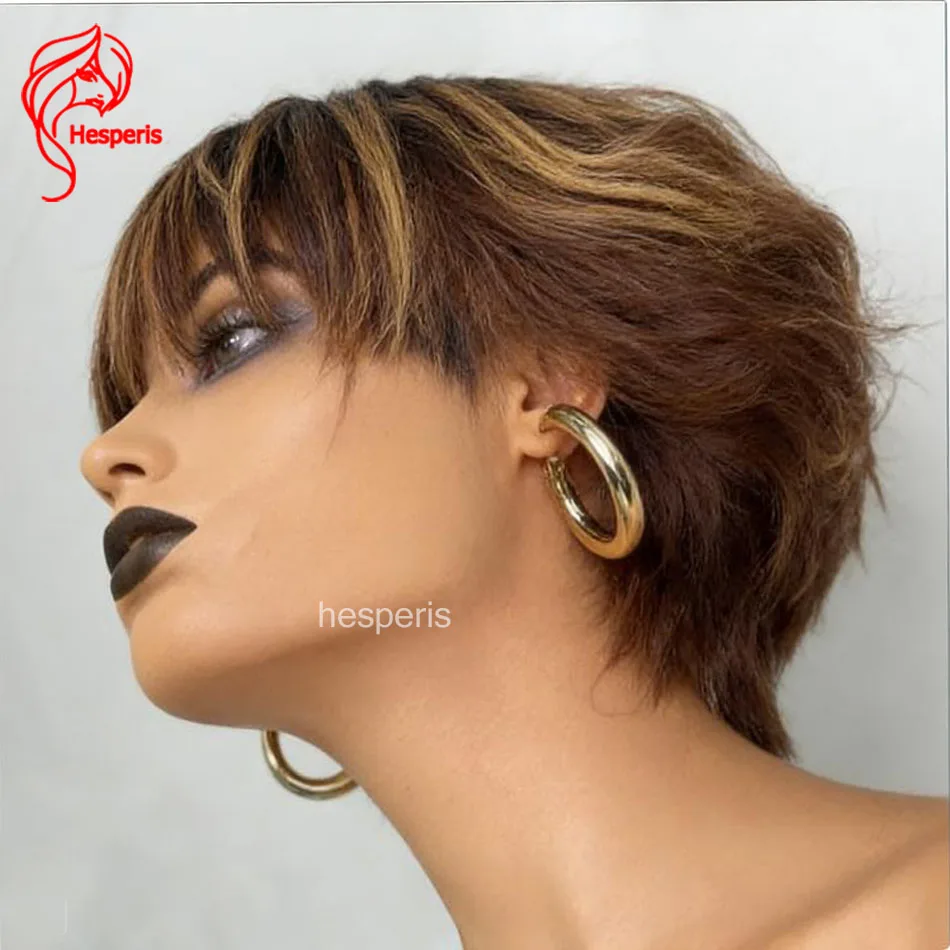 Hesperis Pixie Cut Wig With Bangs Brazilian Remy Short Human Hair Wig Blonde Highlight Scalp Top Full Machine Made Wigs