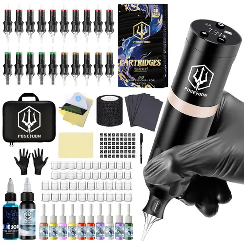 Kit de tatuaje POSEIDON V5, Kit de pluma de tatuaje negra para maquillaje permanente, Kit de máquina de tatuaje, fuente de alimentación de tatuaje de alta calidad, pistola de tatuaje