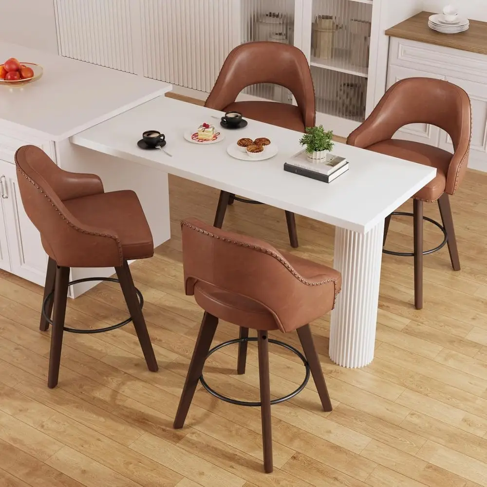 

Set of 4 24 Modern PU Leather Swivel Bar Stools with Solid Wood Legs, Brown Upholstered Kitchen Counter Chairs