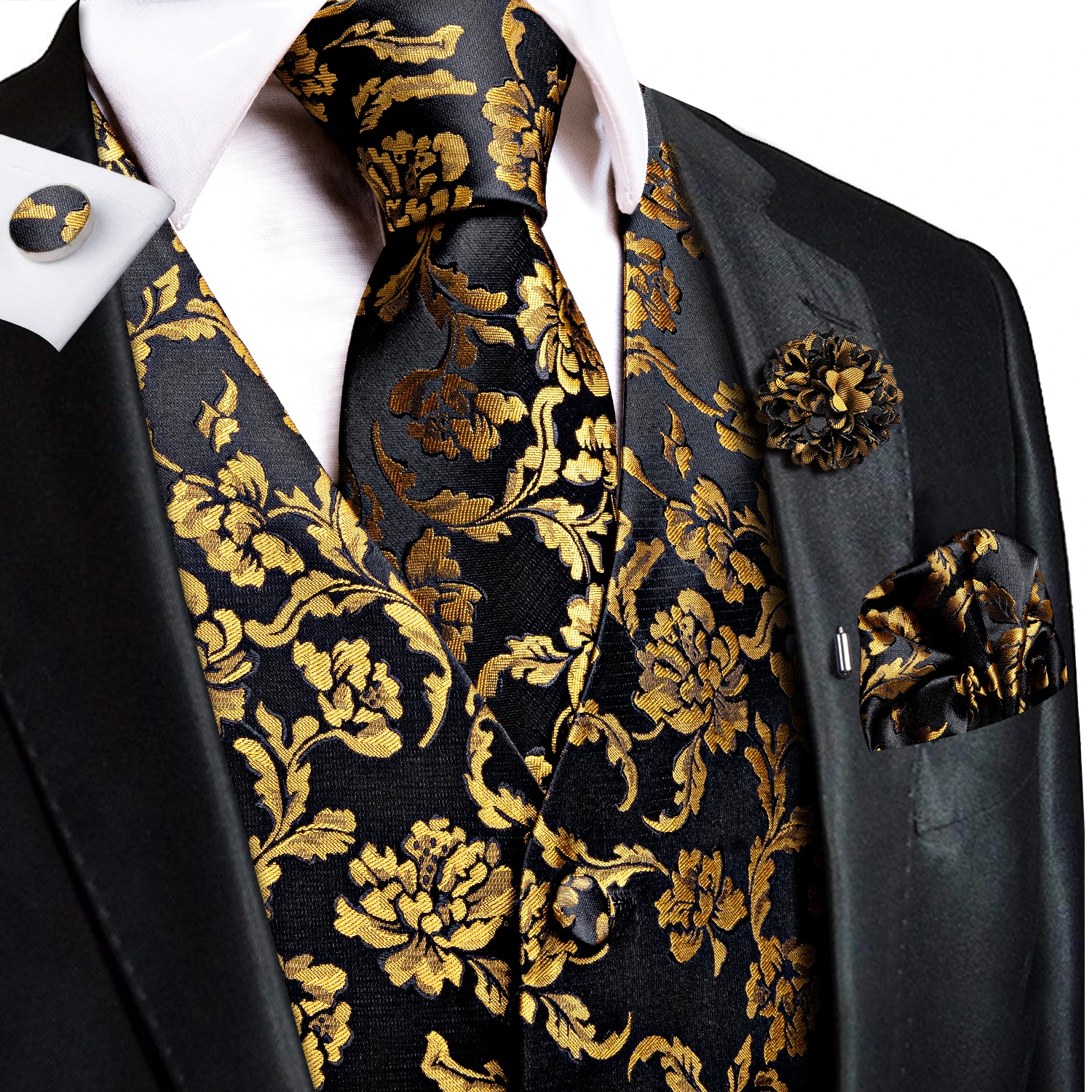 Herrenwesten Jacquard-Weste Krawatte Einstecktuch Manschettenknöpfe Brosche Set für Herren Anzug Ärmellose Jacke Hochzeit Geschäft Party – Detail 4