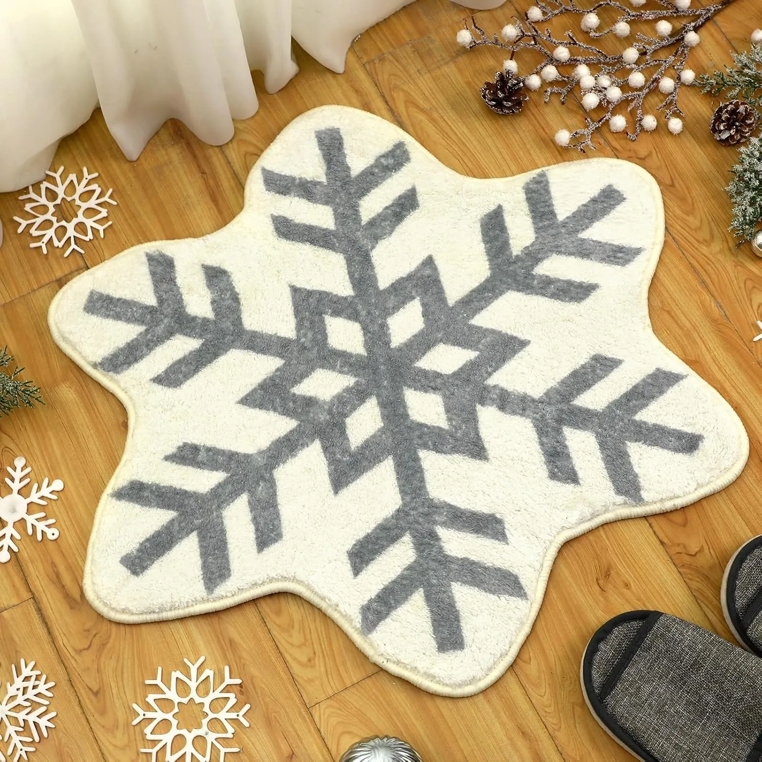 

Winter Christmas Snowflake Bathroom Faux Cashmere Snowflake Bath Mat Non-Slip Washable Carpet