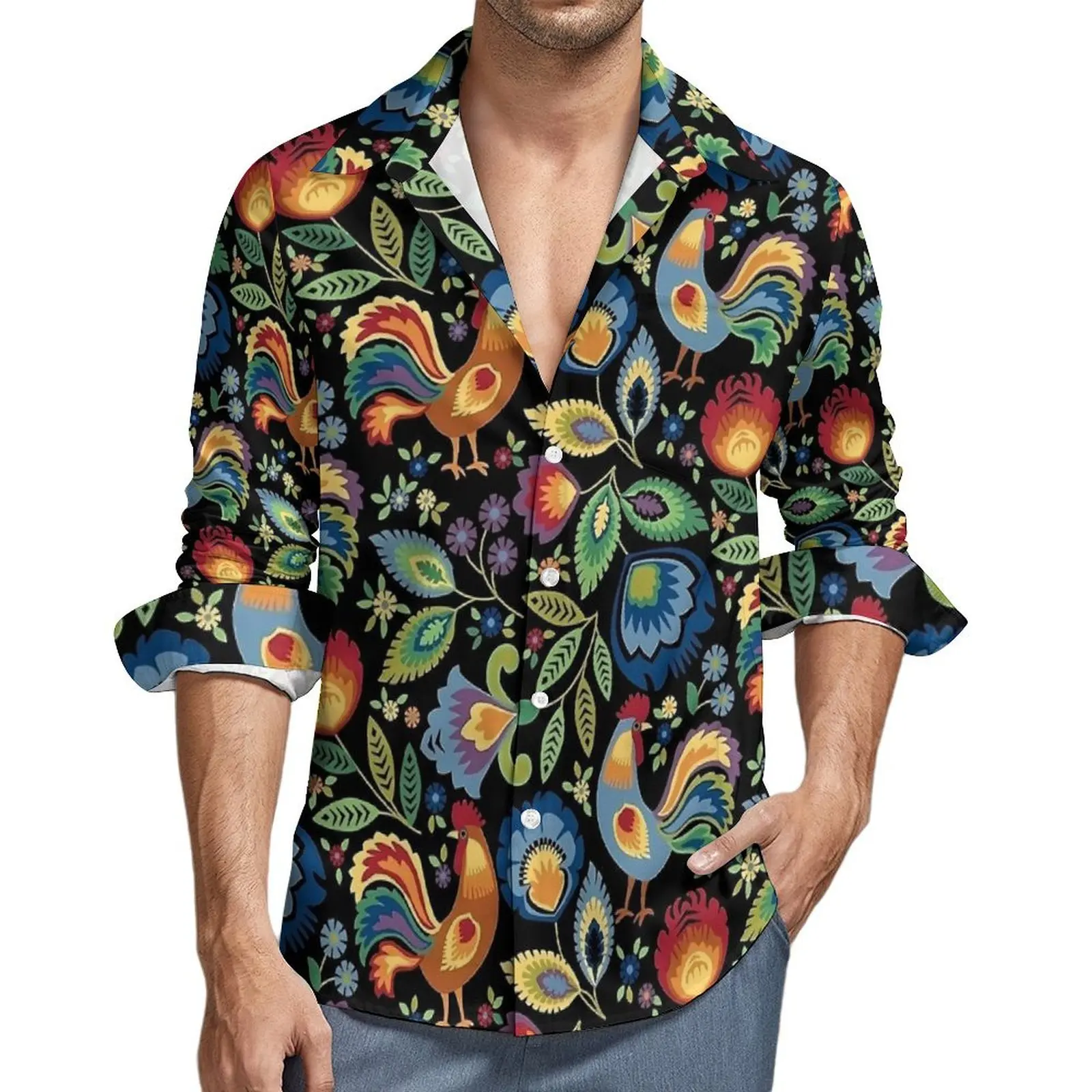 Camisas informales de pollos folclóricos polacos, camisa elegante de animales, blusa de gran tamaño de otoño, Tops de diseño de manga larga para hombre, regalo de cumpleaños