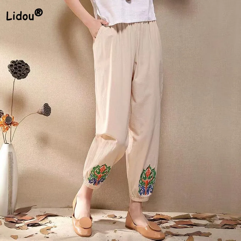 

Vintage Solid Color Embroidery Female Cropped Pants Summer Folk Style Elastic Waist Bloomers Trousers Casual Women's Clothing