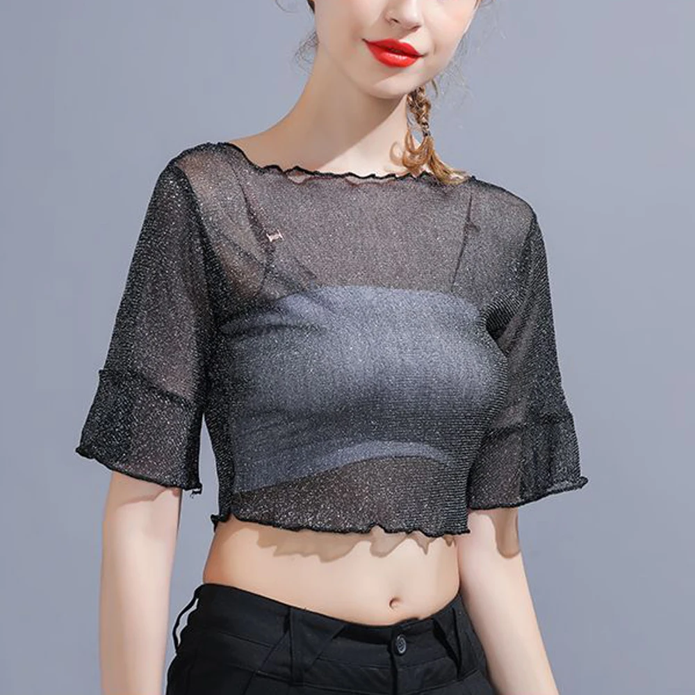 

Edible Tree Fungus Elastic Mini T-Shirt Women Silver Shiny Transparent Female Blouses S-3XL Flare Short Sleeve O Neck T Shirt