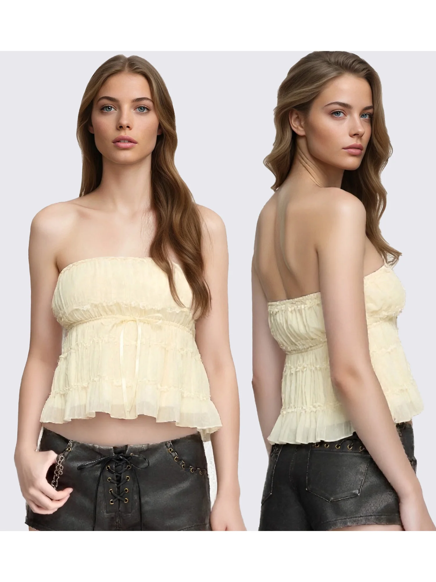 Elegantes einfarbiges Röhrenoberteil für Damen mit schulterfreiem Design, ärmelloses, gestuftes Rüschendetail, perfekt für den Sommer-Street-Style